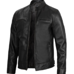 Men's Quilted Shoulder Black Cafe Racer Leather Jacket