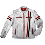 Men's Cafe Racer Vintage White Biker Red Black Stripes Real Leather Jacket
