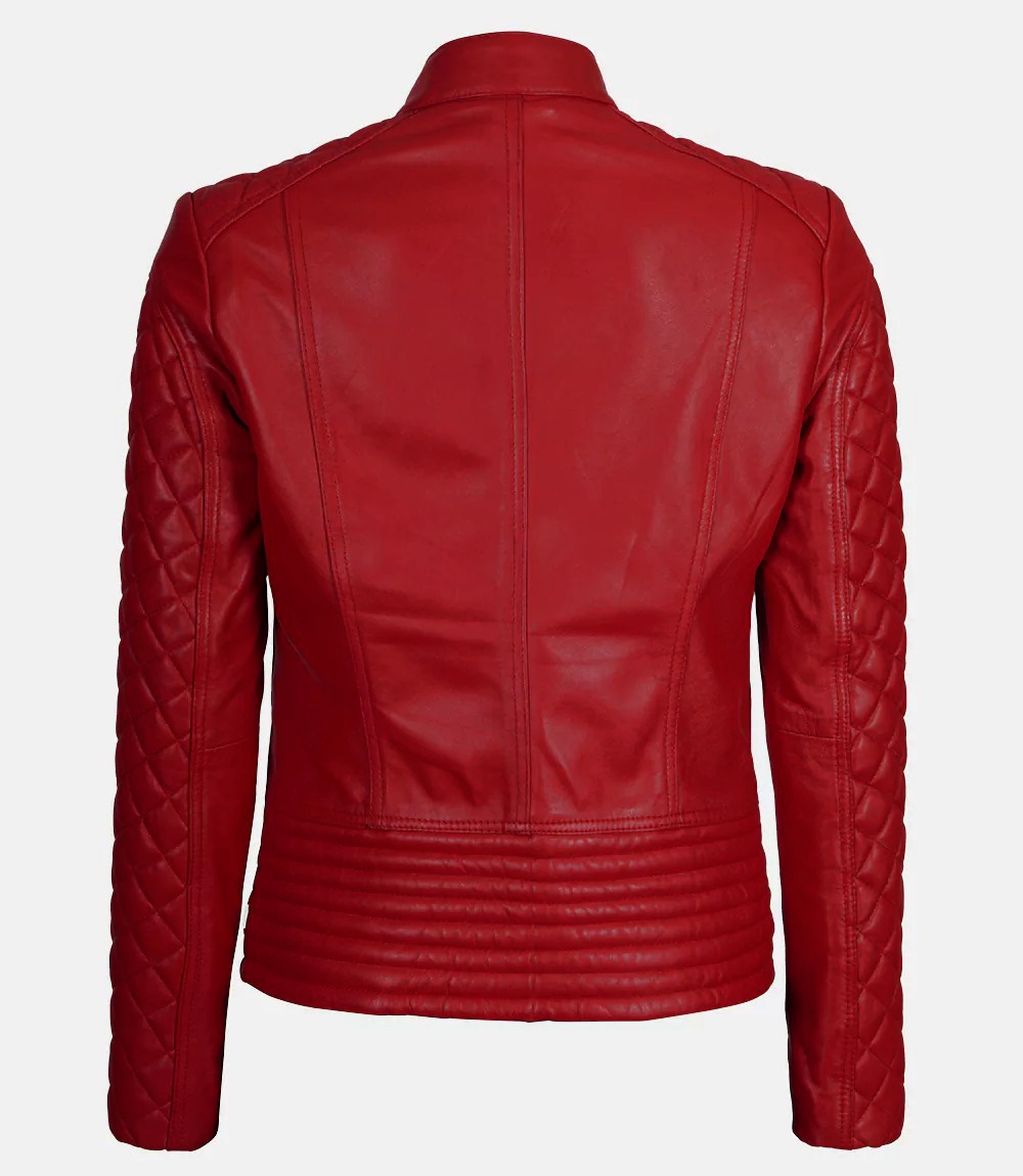 Women's Real Leather Red Quilted Cafe Racer Jacket - Image 4