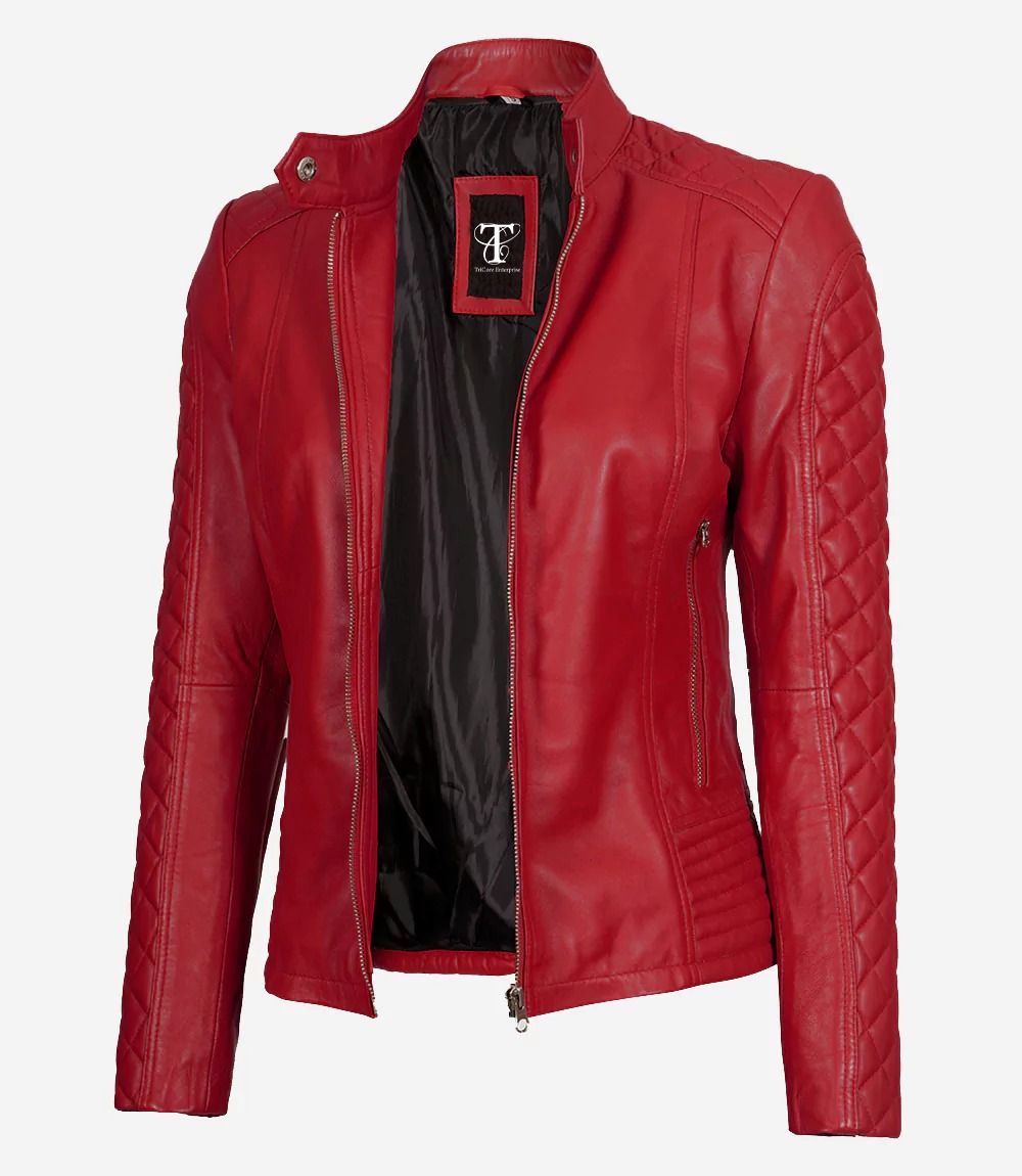Women's Real Leather Red Quilted Cafe Racer Jacket - Image 3