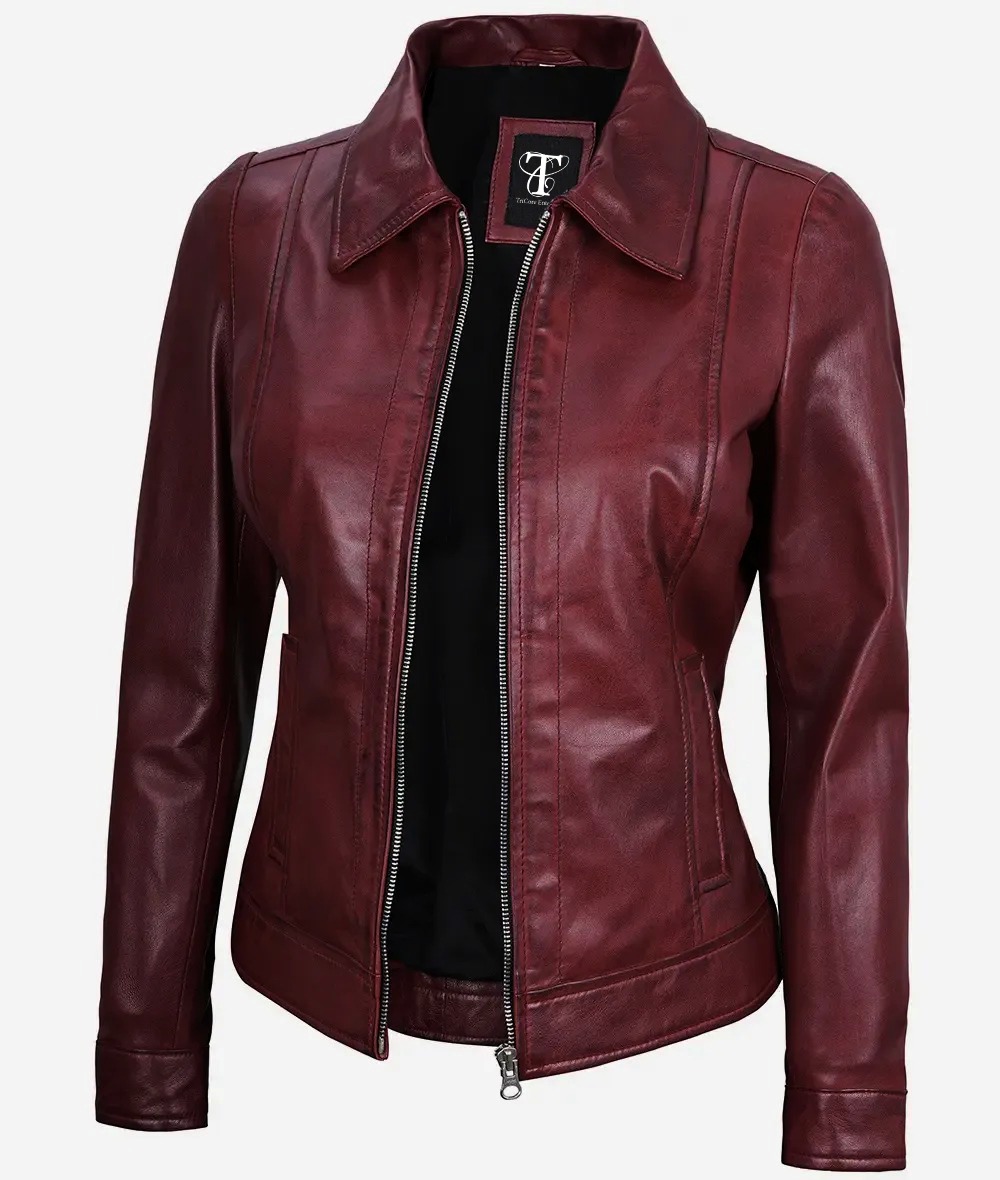 Women's Shirt Collar Burgundy Leather Jacket - Image 3
