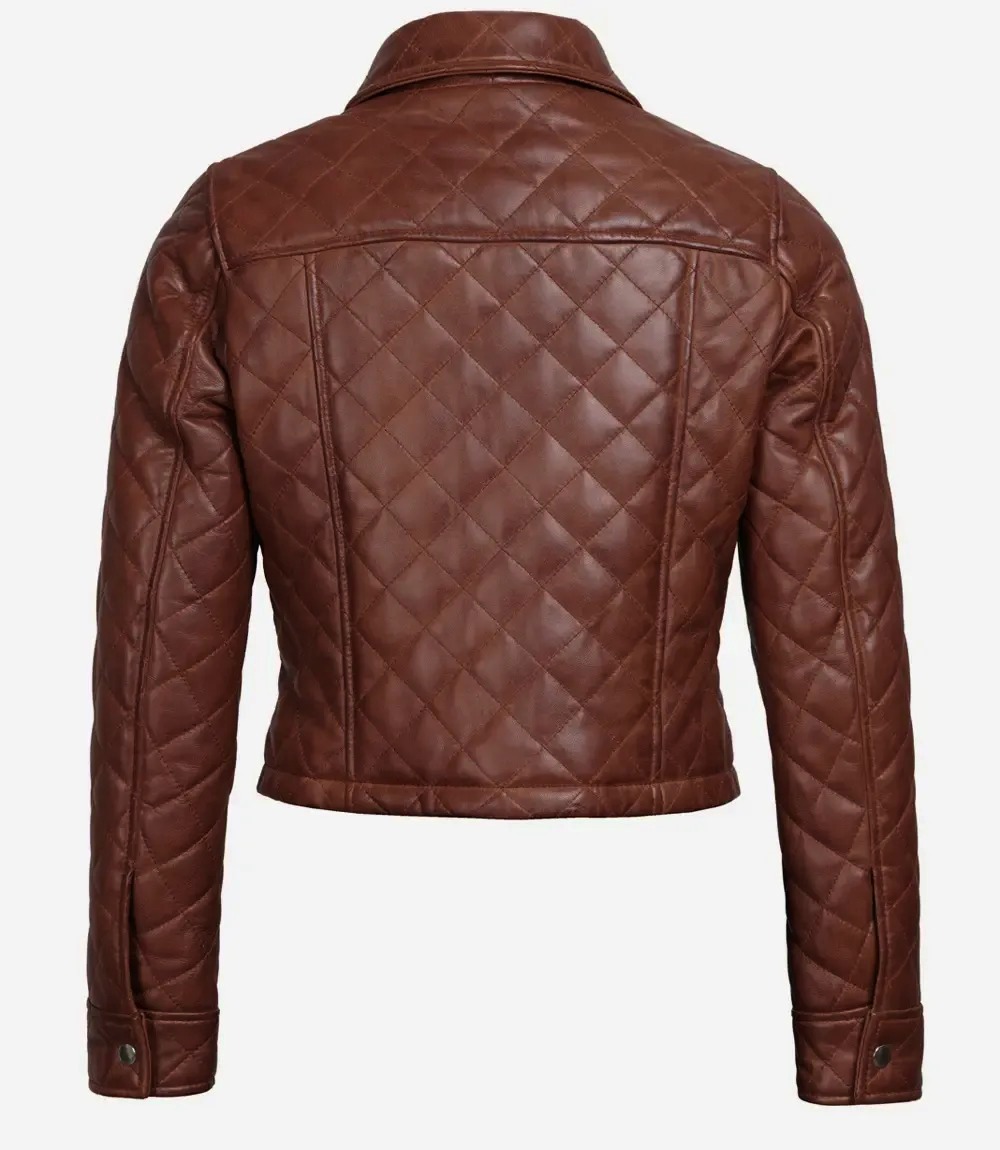 Woman's Quilted Cropped Cognac Leather Jacket - Image 3