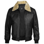 Men's Fur Collar Black Bomber Leather Jacket