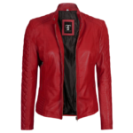 Women's Real Leather Red Quilted Cafe Racer Jacket