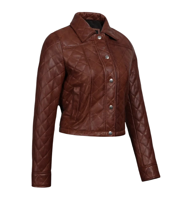 Woman's Quilted Cropped Cognac Leather Jacket - Image 3