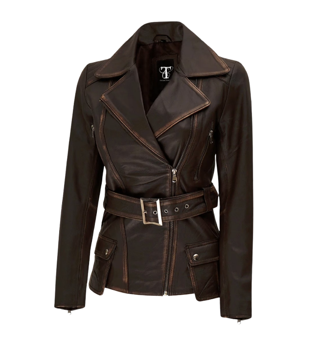 Women's Distressed Brown Long Biker Style Leather Jacket - Image 3