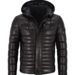 Men's Puffer Hooded Real Leather Sport Jacket Fully Quilted