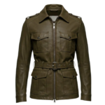 Men’s Olive Green Leather Field Jacket – Classic Military Style Coat