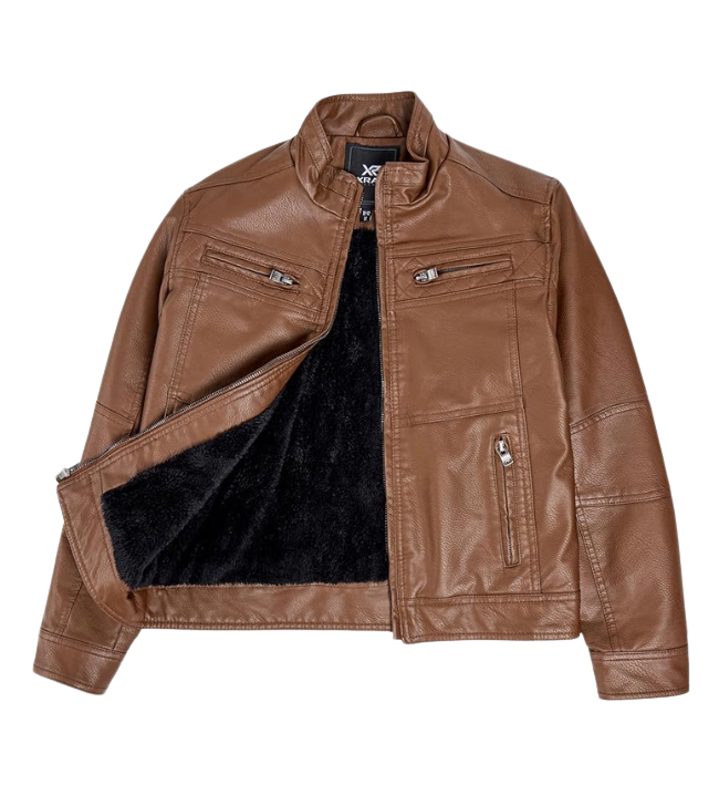 Boys Motorcycle Cowhide Leather Jacket – Stand-Up Collar Sherpa Lined Casual Jacket - Image 3