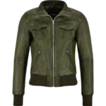 Ladies Olive Bomber Leather Jacket – Classic Fashion Genuine Leather Jacket