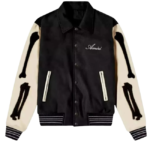 Men's Bone Beige Varsity Bomber Jacket Skeleton Leather Sleeves jacket
