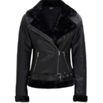 Women’s Black Shearling Leather Biker Style Jacket – Premium Winter Outerwear