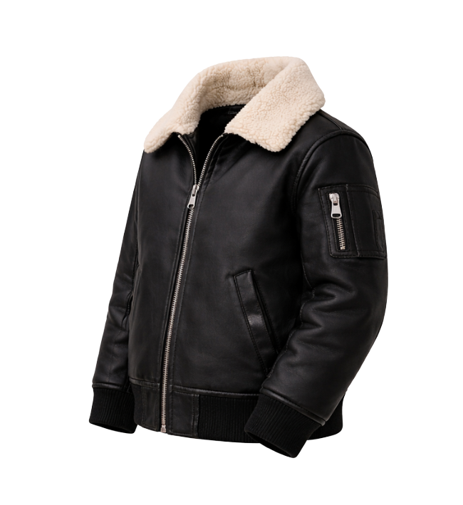Boys Genuine Sheep Leather Bomber Jacket – Fur Collar Winter Jacket - Image 3