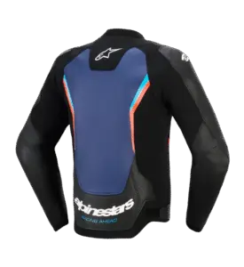 Alpinestars blue and black leather motorcycle jacket back view