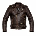 Men's brown vintage leather biker jacket with classic zip front