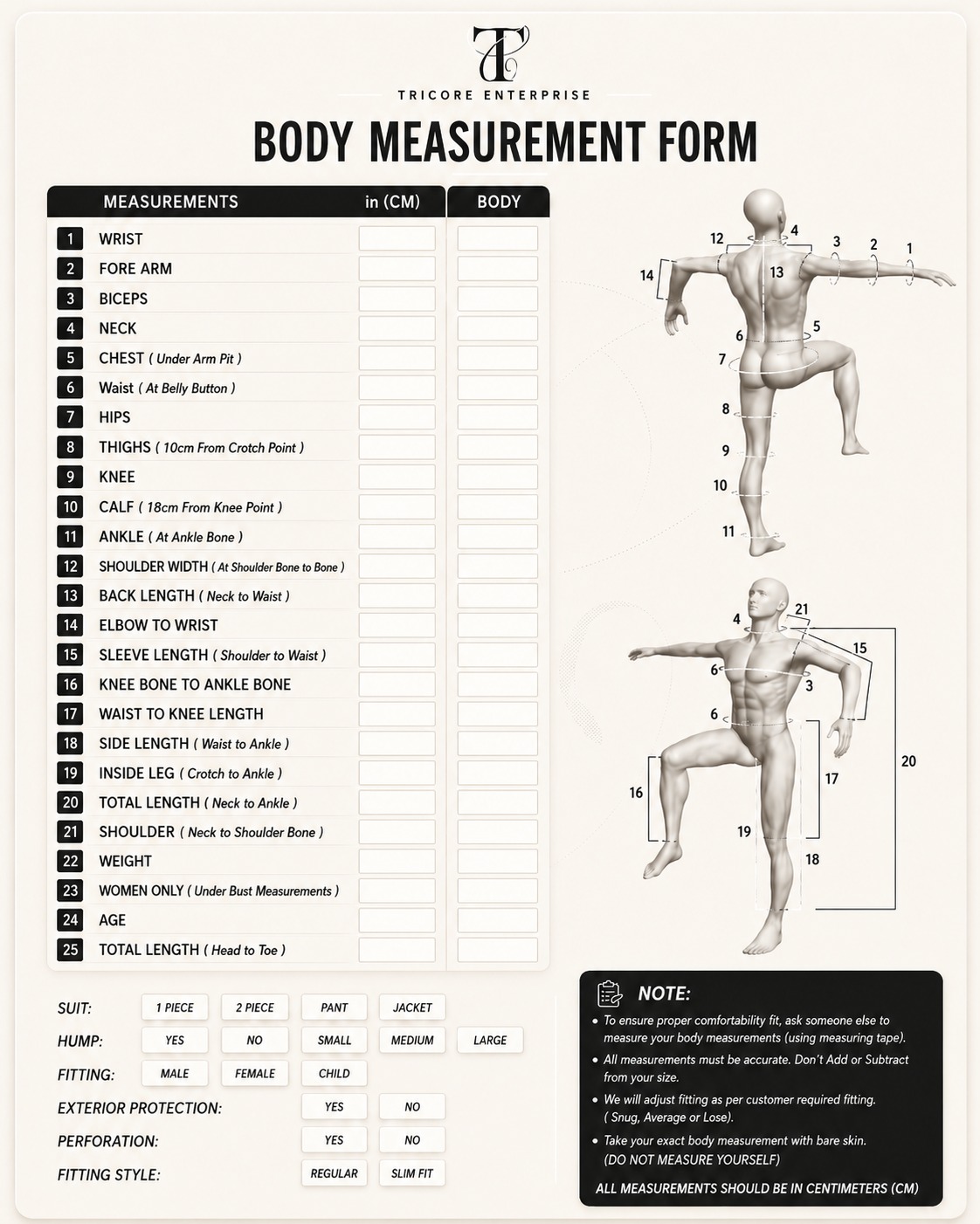 Body measurement form