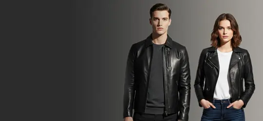 Man and woman wearing black leather jackets