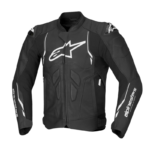 Black white Alpinestars Dusk leather motorcycle jacket front view